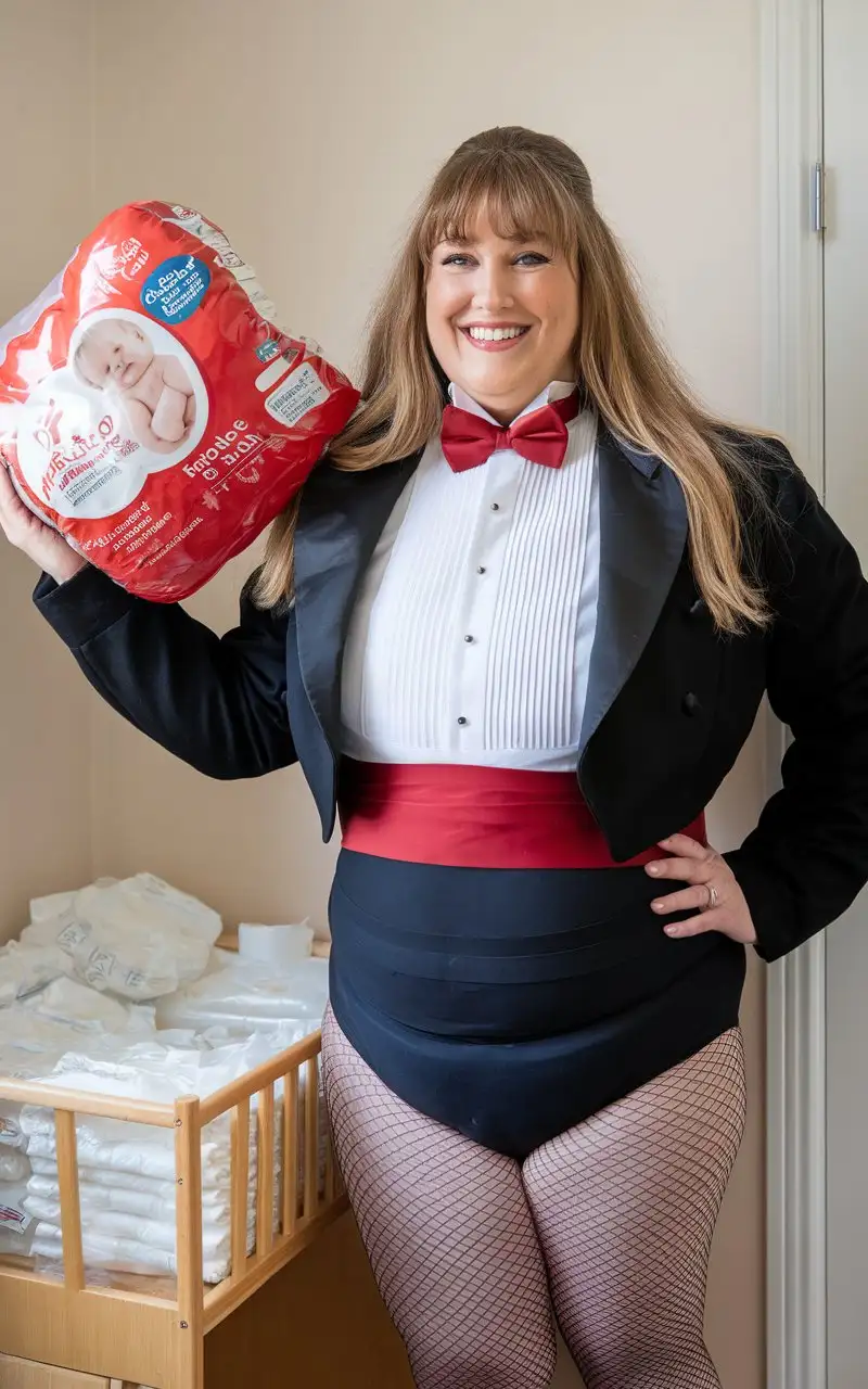 MiddleAged-Caucasian-Woman-in-Formal-Tuxedo-Holding-Adult-Diapers-in-Nursery