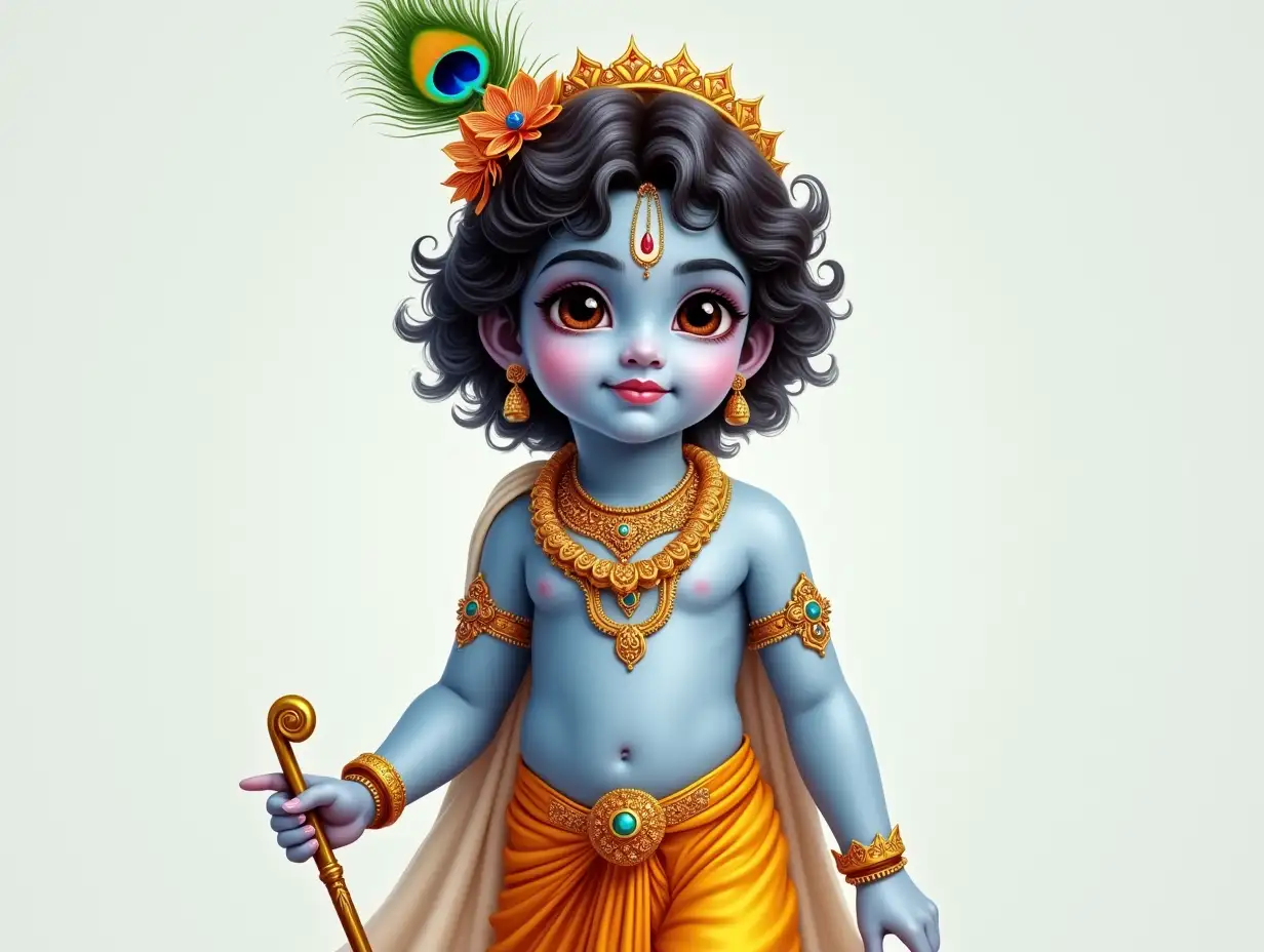 A detailed and enchanting digital painting of Lord Krishna as an 8-year-old divine boy. He has soft, glowing light sky blue skin, exuding peace and divinity. His loose curly hair is neatly styled, and a vibrant peacock feather is tucked into his round golden crown around head. Krishna wears a beautifully draped yellow dhoti with golden embroidery, along with a matching shawl over his shoulder and flower garland in his neck He is adorned with a jeweled golden crown, gold necklaces (one with a ruby or sapphire), intricately designed armlets, bracelets, and anklets with tiny bells. A golden waist belt secures his dhoti, and lotus-shaped earrings or gemstone-studded earrings complete his look. Krishna’s large almond-shaped eyes radiate love, playfulness, and smile.