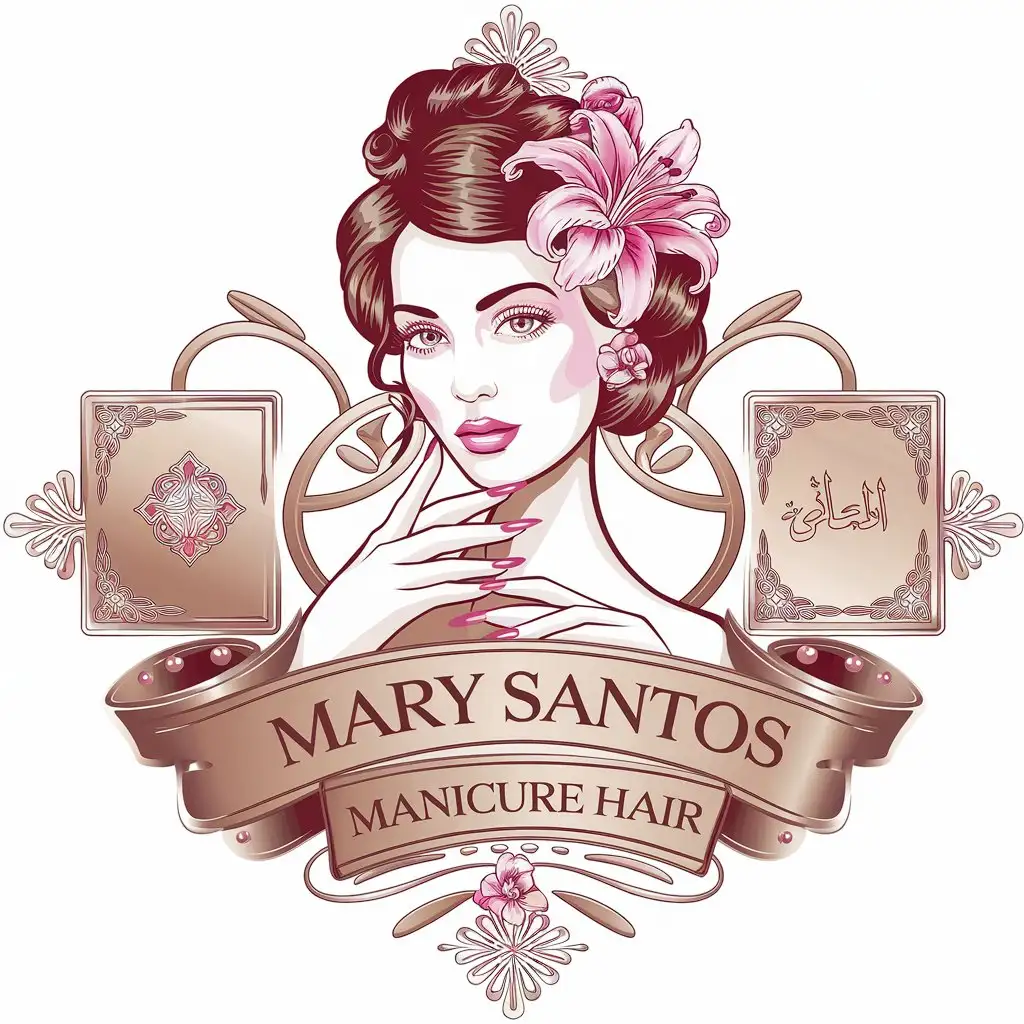 LOGO-Design-for-Mary-Santos-Manicure-Hair-Elegant-Woman-with-Lily-and-Arab-Details