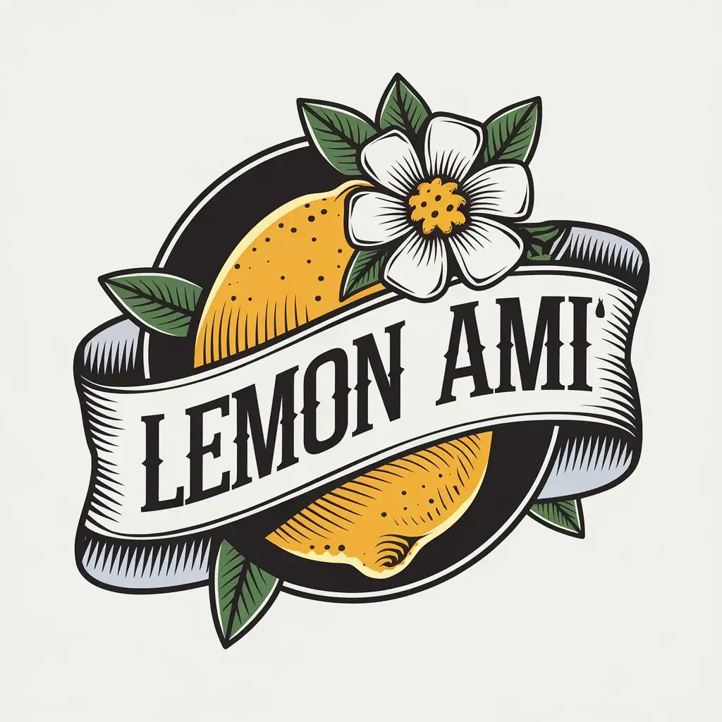 a vector logo design,with the text "Lemon AMI", main symbol:Traditional Old School logo, stile tattoo Limoni e fiori di limone,Moderate,clear background