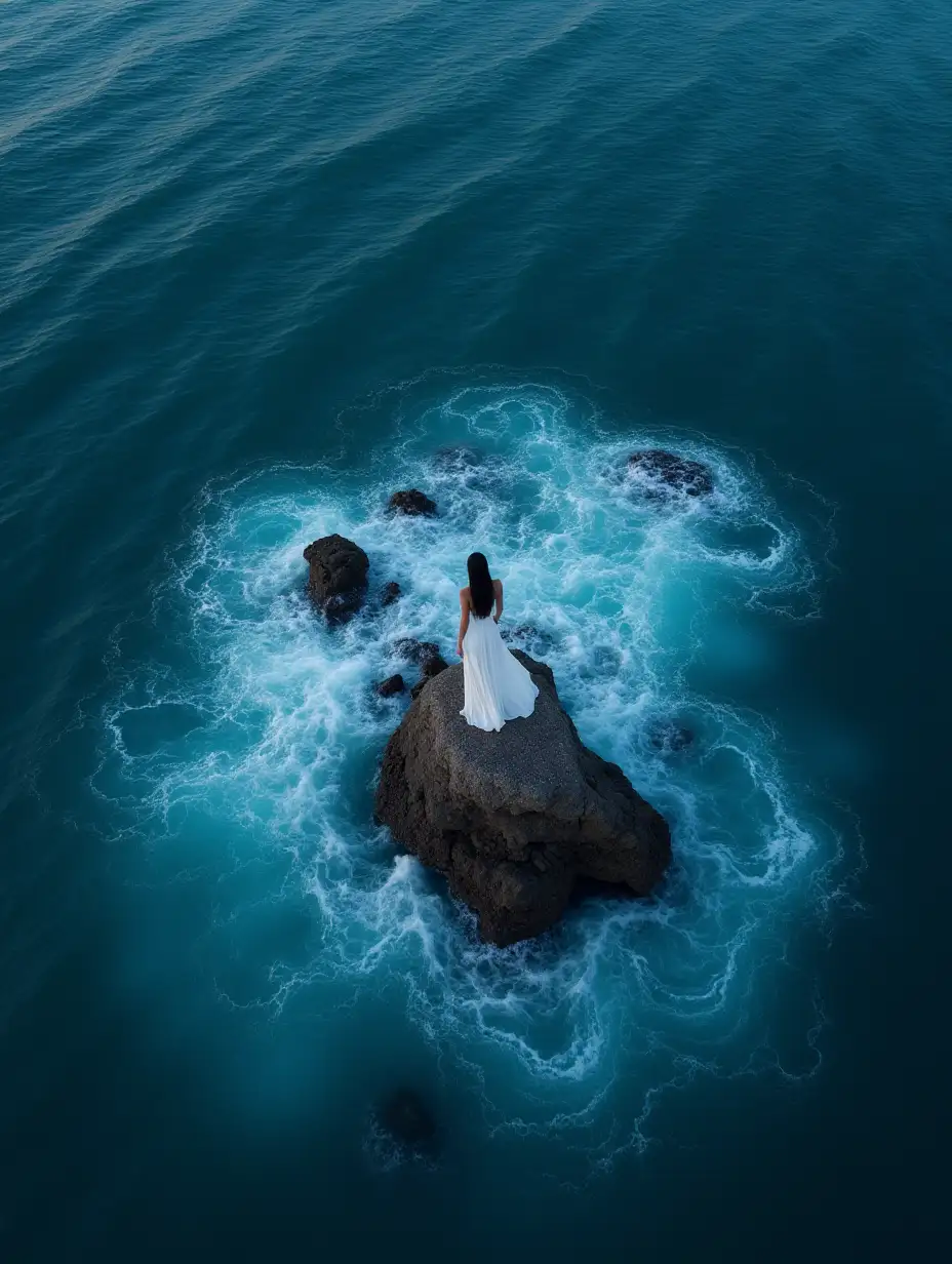 An aerial view of a woman in a white dress standing alone on a small rock amidst a vast ocean, the waves forming intricate patterns around her. The scene is captured during twilight, with the deep blues of the sea contrasting against the pale dress, creating a striking visual balance. Created Using: DJI Phantom 4 Pro, aerial perspective, high contrast, minimalist aesthetic, surrealism, twilight lighting, serene mood