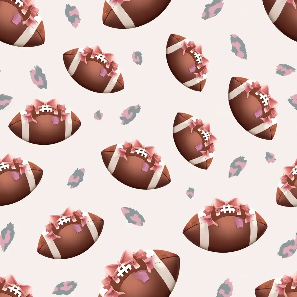 A seamless pattern featuring realistic brown footballs paired with soft pink satin bows. The background has a subtle gray and pink leopard print, giving it a trendy and feminine sports aesthetic. The elements are evenly spaced and balanced.