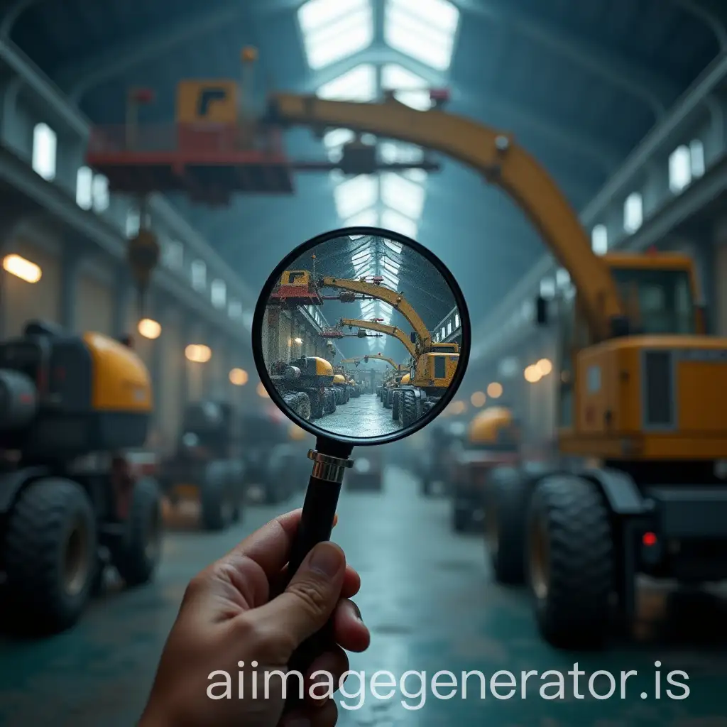 Magnifying-Glass-and-Overhead-Crane-in-Industrial-Workspace