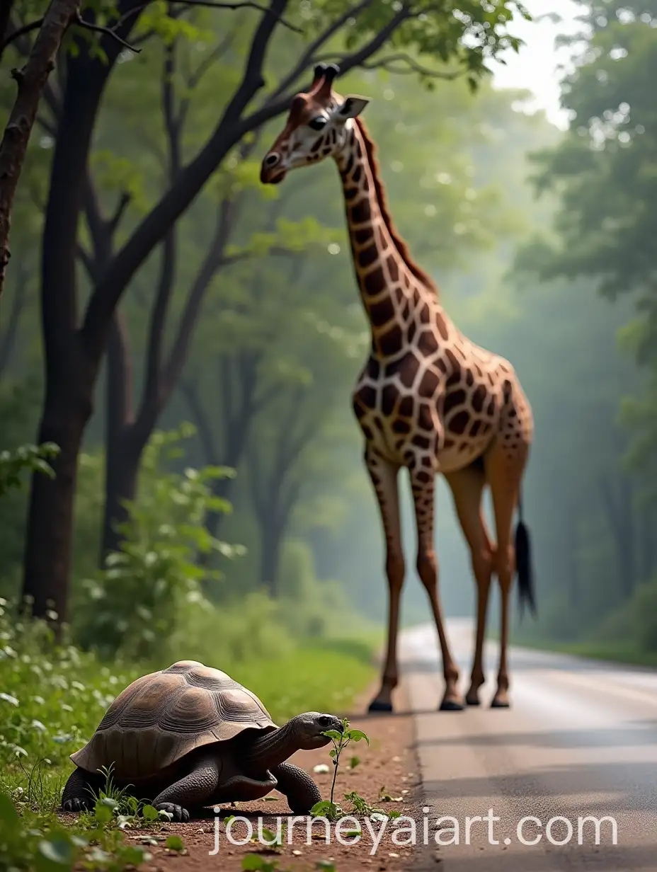 Tortoise-and-Giraffe-in-Peaceful-Roadside-Forest-Scene