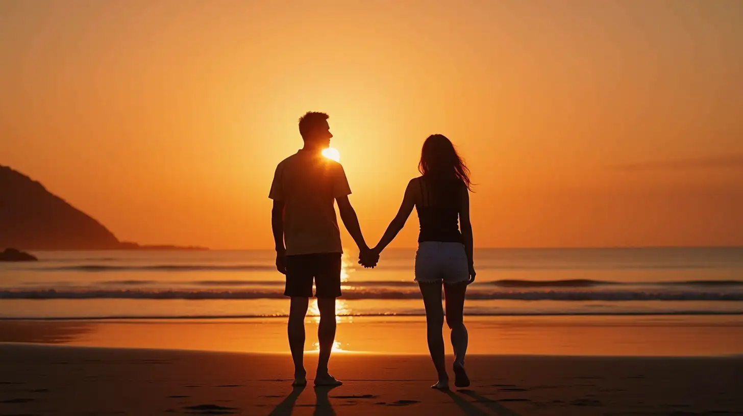 Silhouette of a Man and Woman Embracing on Beach at Sunset