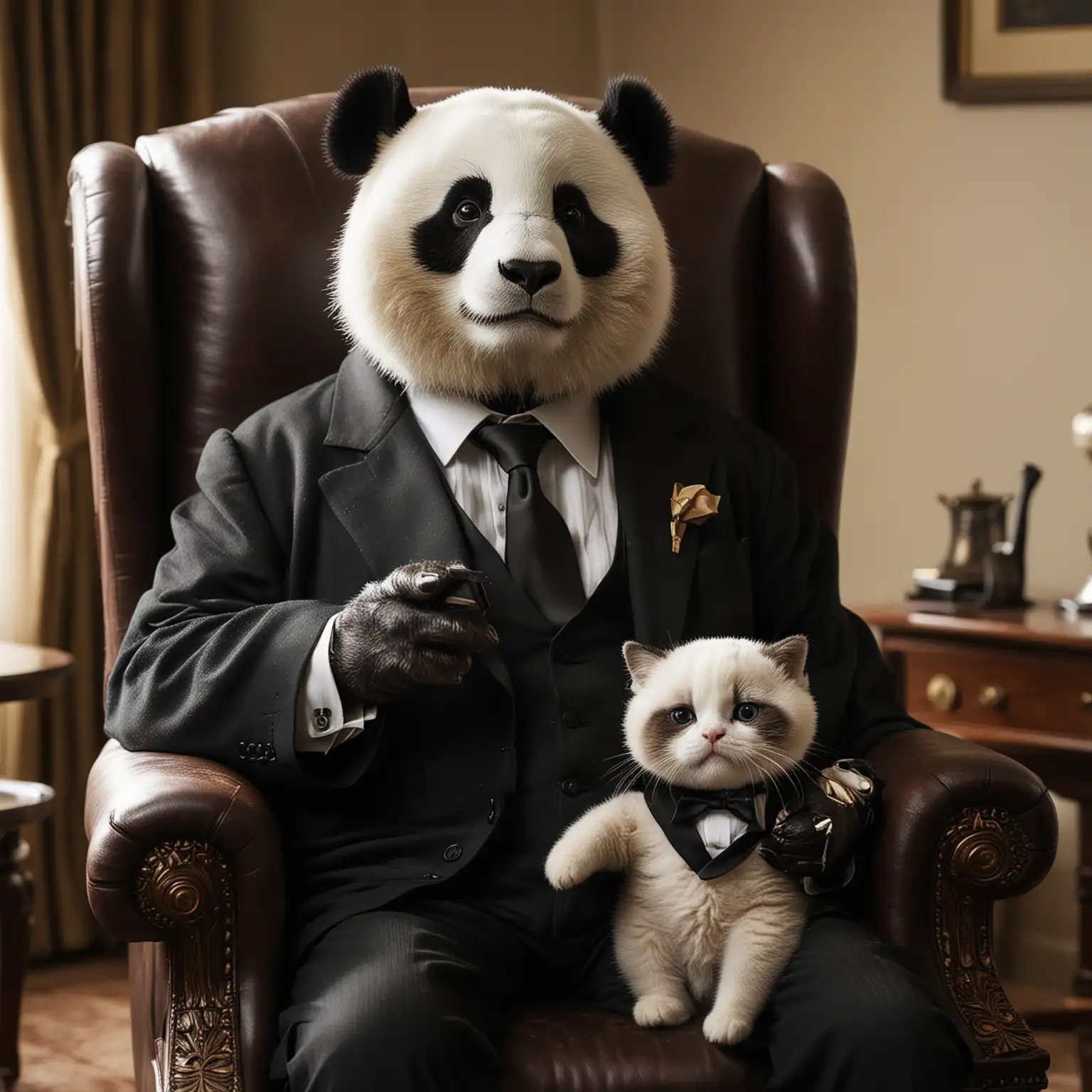 Panda-Dressed-as-Godfather-Holding-Cat-in-Executive-Chair