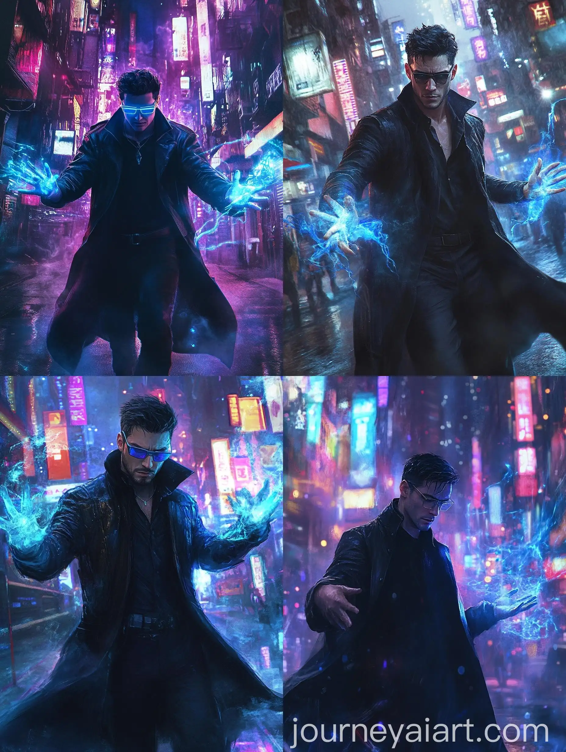 Male-Warlock-Casting-Blue-Combat-Magic-in-Night-Cyberpunk-City