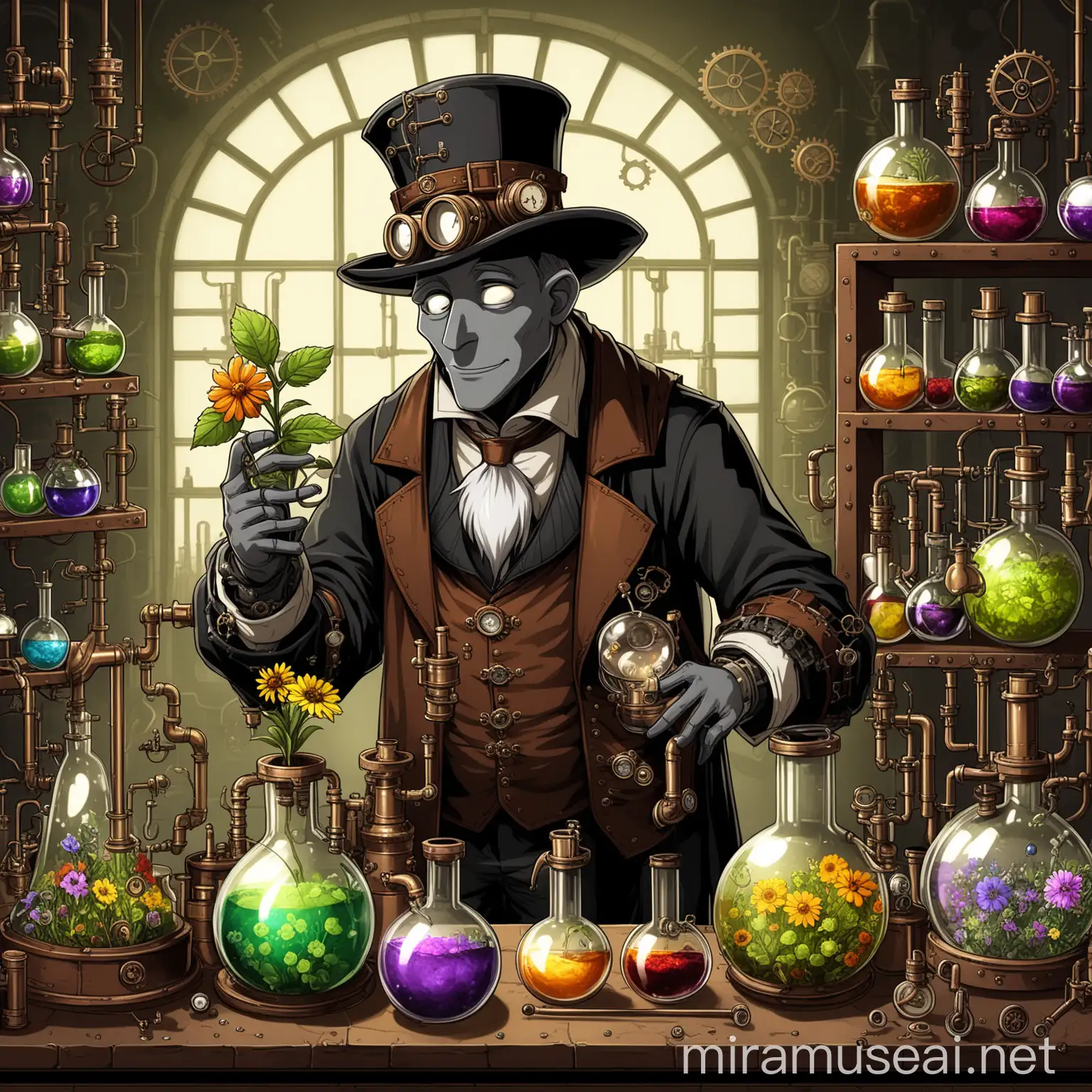 Steampunk Alchemist Mole Mixing Flower Elixirs in Underground Laboratory