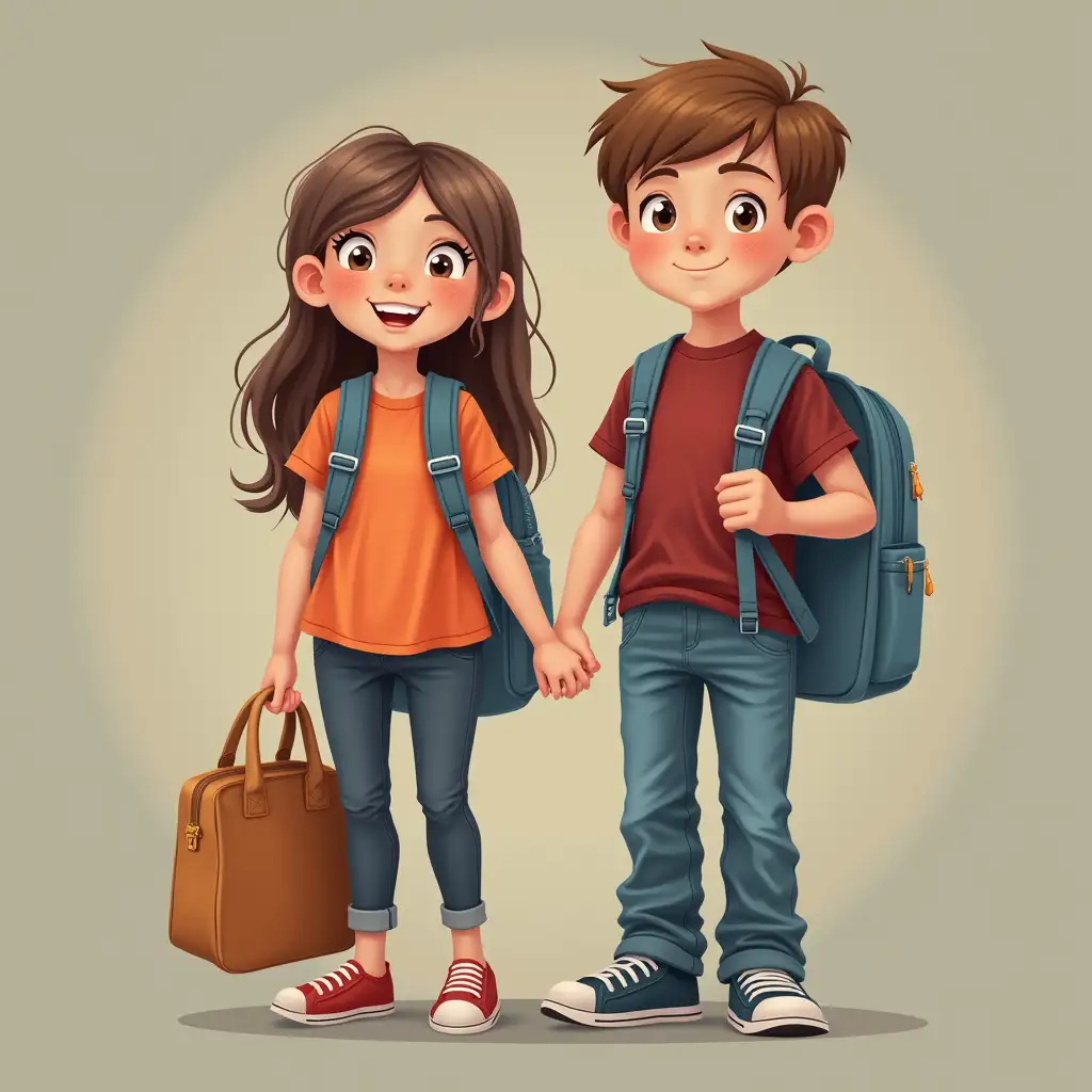 13 year old boy and girl with school bag