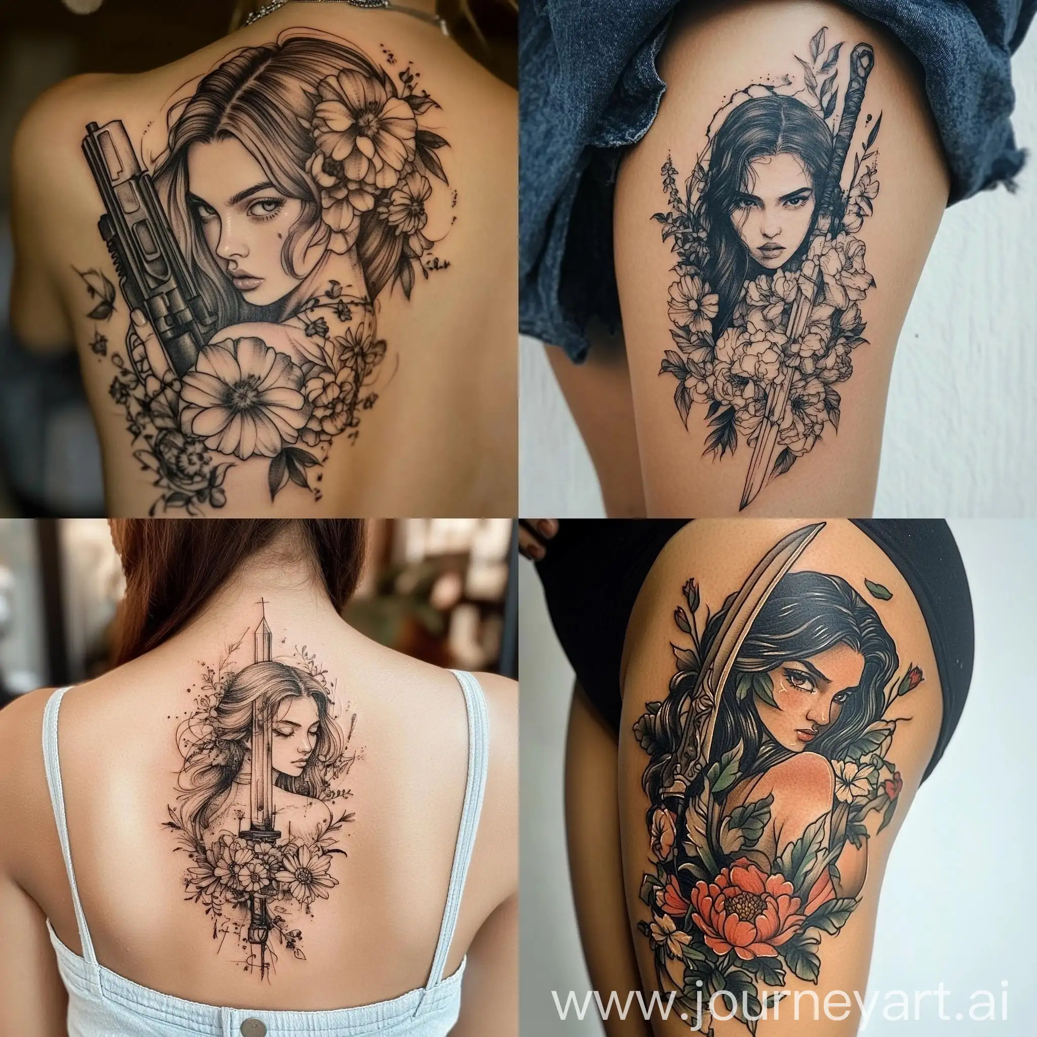 Symbolic-Tattoo-Design-Featuring-Girl-Weapon-and-Flowers