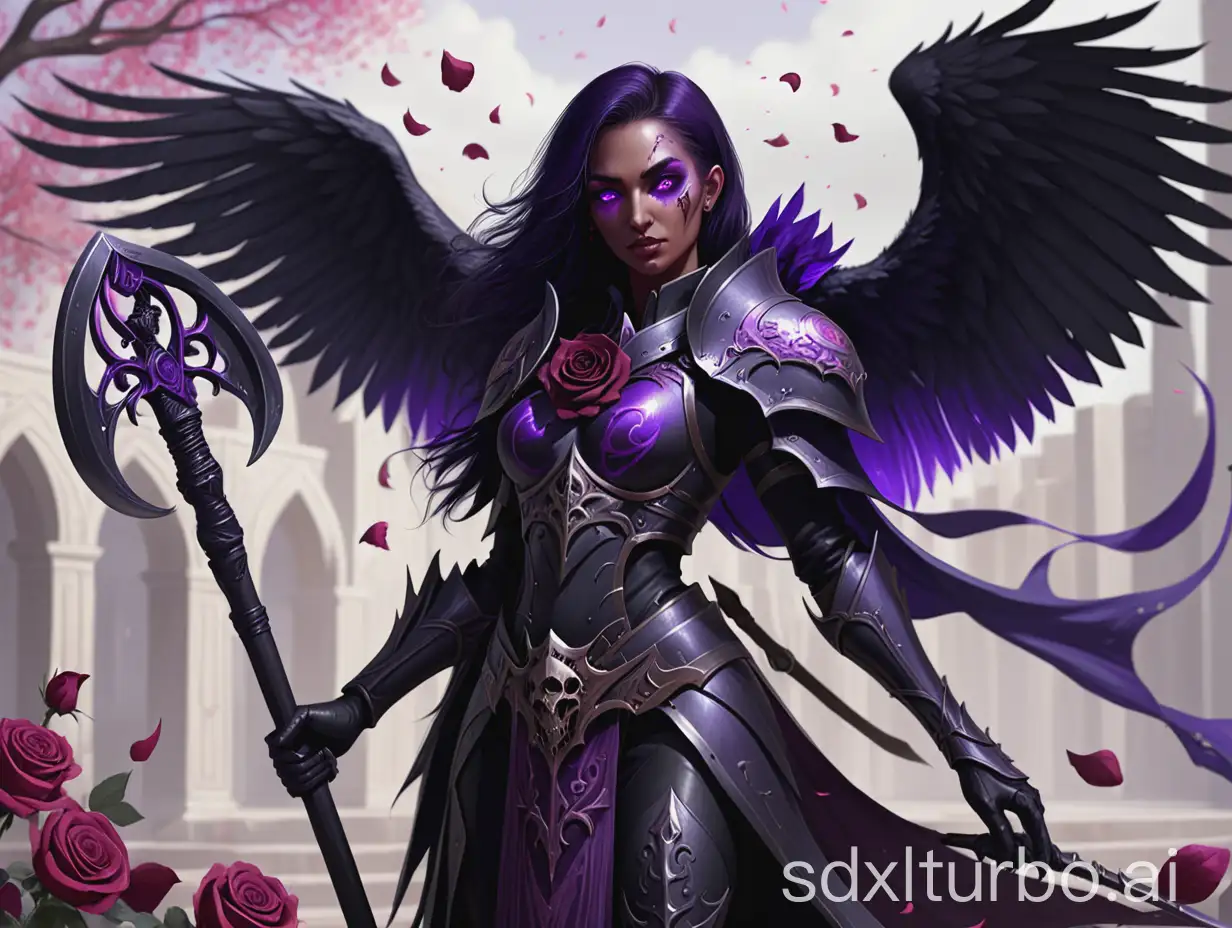 A women asimar oath of Vengeance paladin with black raven wing, she hold a war scythe with a purple aura, and she dons a plate male with rose petal designs