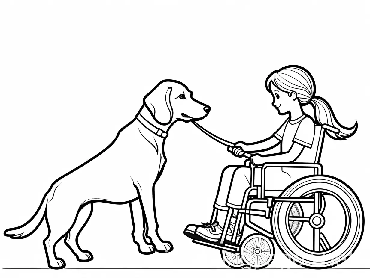 Happy girl on wheelchair and guiding dog outline color  sheet, Coloring Page, black and white, line art, white background, Simplicity, Ample White Space. The background of the coloring page is plain white to make it easy for young children to color within the lines. The outlines of all the subjects are easy to distinguish, making it simple for kids to color without too much difficulty