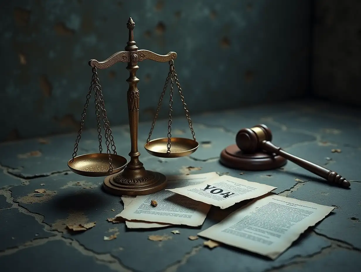 A symbolic image of the scales of justice lying broken on a stone floor, with scattered legal papers and a single gavel nearby. The scene should be dramatic and slightly surreal, with the number '404' subtly incorporated into the broken scales. Style: Digital art, fantasy elements.