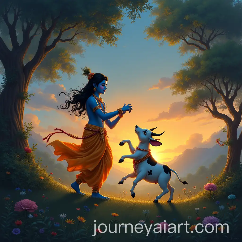 Lord-Krishna-Dancing-Gracefully-with-a-Cow-in-a-Serene-Twilight-Landscape