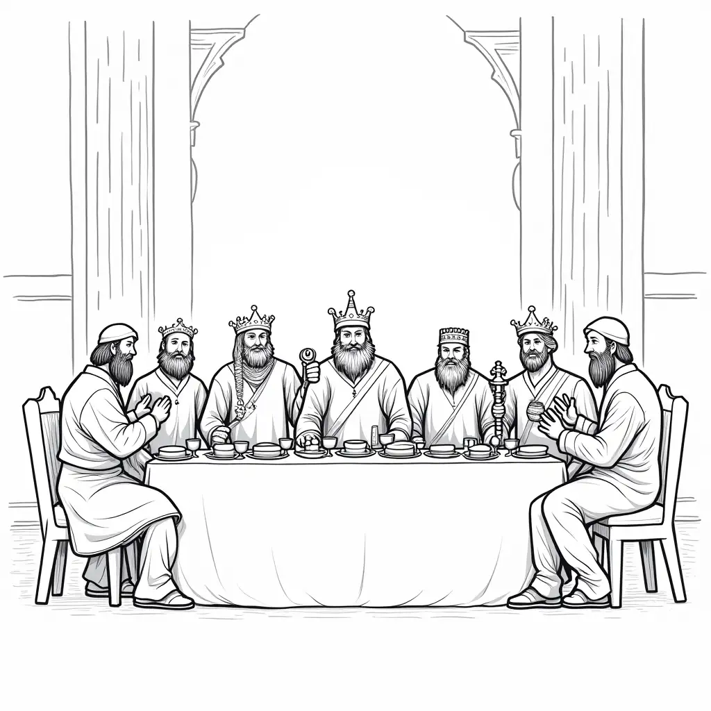 Medieval-Banquet-Scene-for-Children-to-Color-with-Kings-Nobles-and-Musicians-in-a-Castle