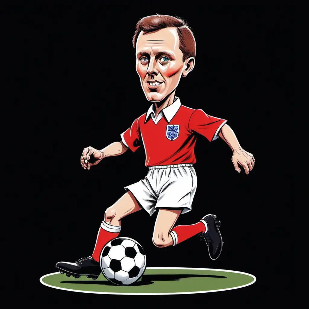 Childlike Caricature of Young Sir Geoff Hurst Playing Football in Red England Kit