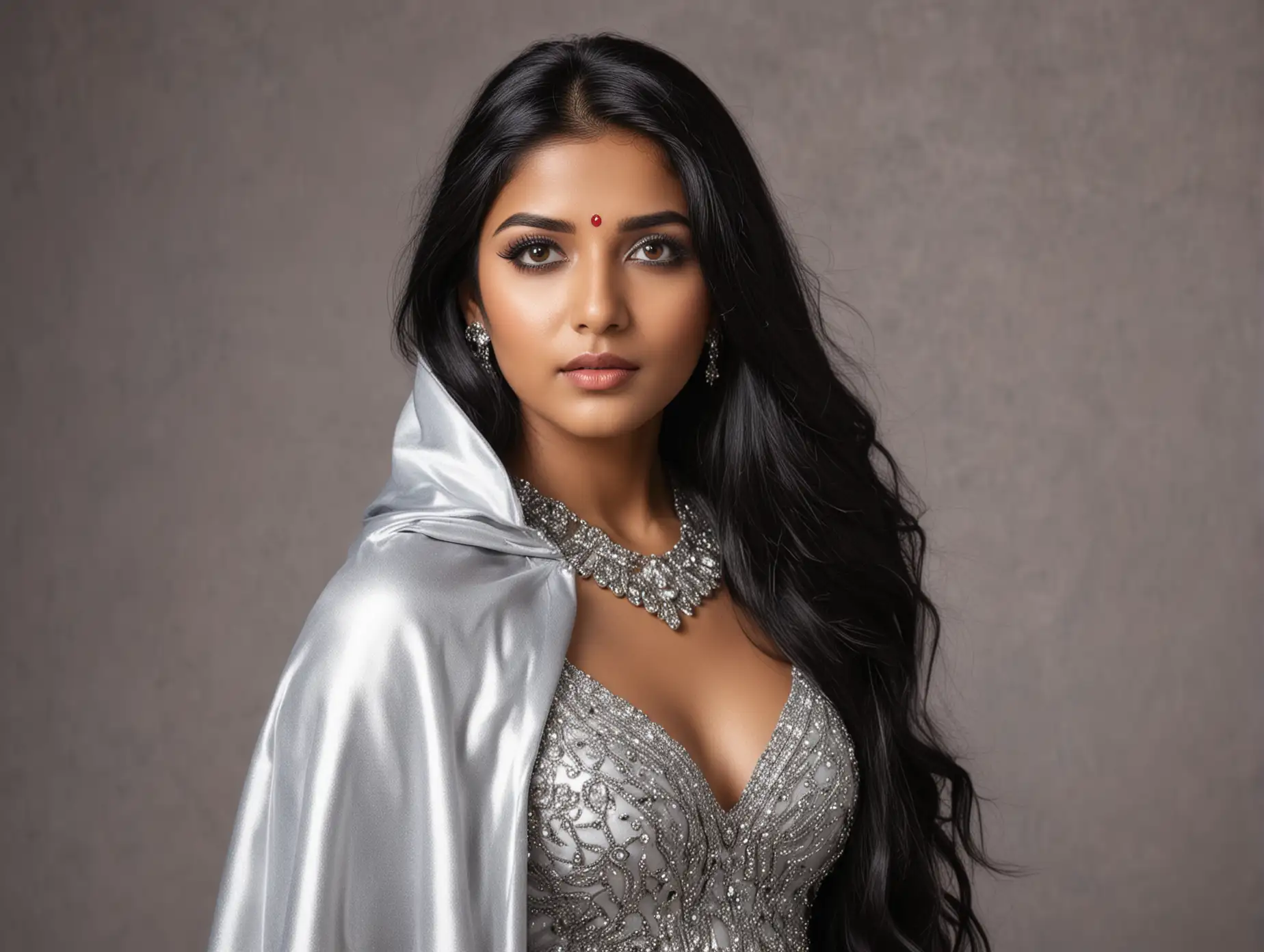 A beautiful  Indian woman in her 20's with long black hair, wearing a silver embellished top and a matching cape, poses with a confident and alluring gaze. Her makeup is flawless, highlighting her eyes and lips. H