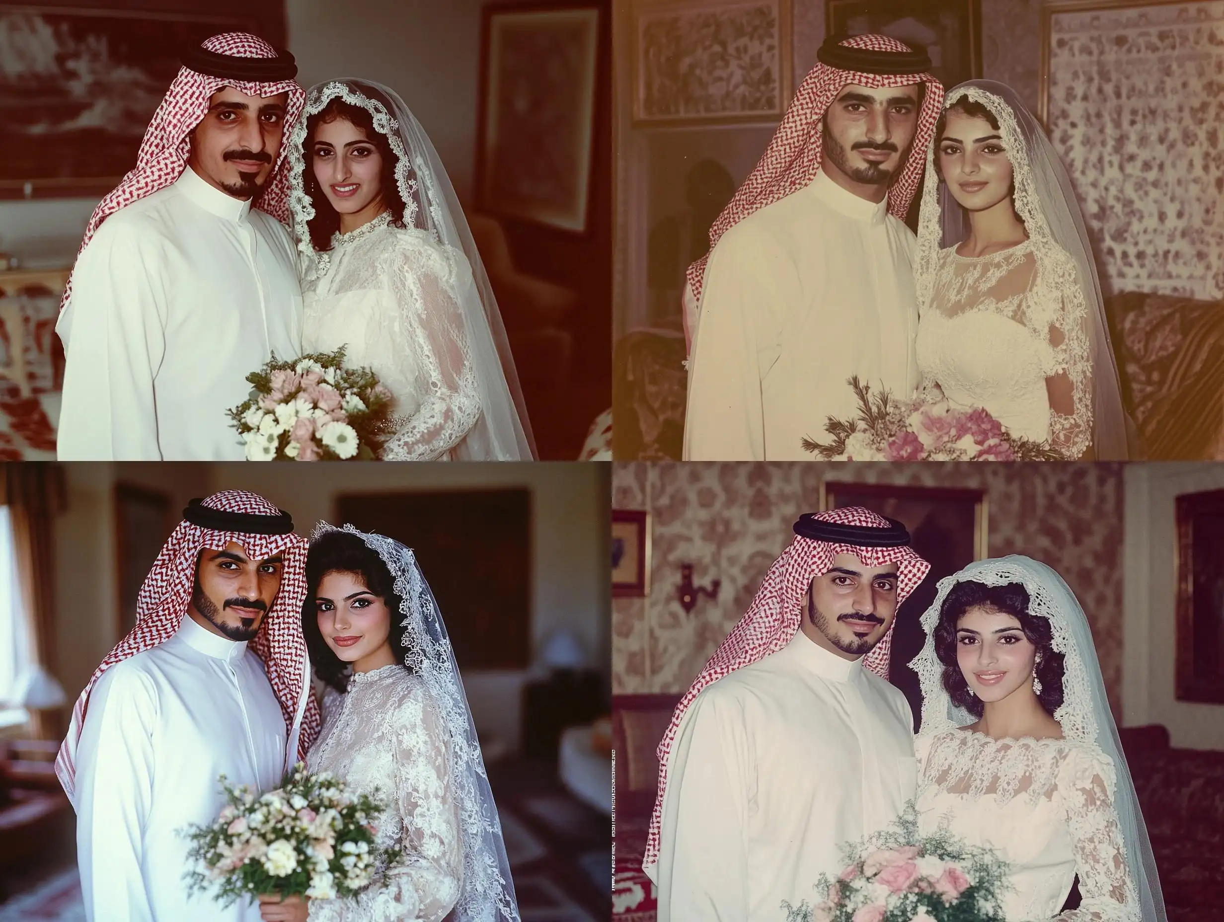 Saudi-Wedding-Couple-in-Traditional-1980s-Attire-Smiling-in-Ornate-Home-Setting