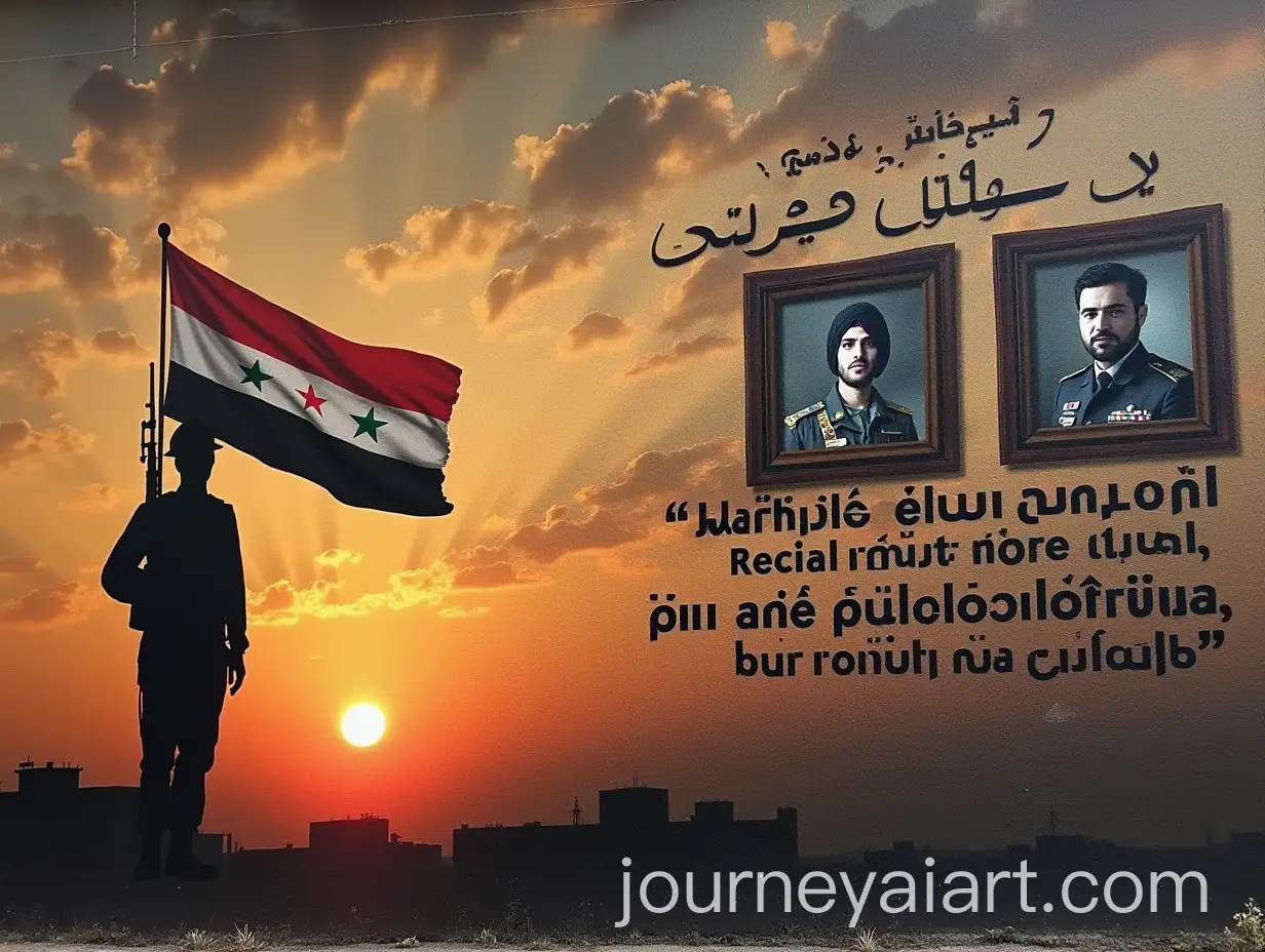 Sad-Mural-of-Syrian-Soldier-withAI-Art-Prompt-Expansion-Flag-and-Martyrs-Images-at-Sunset