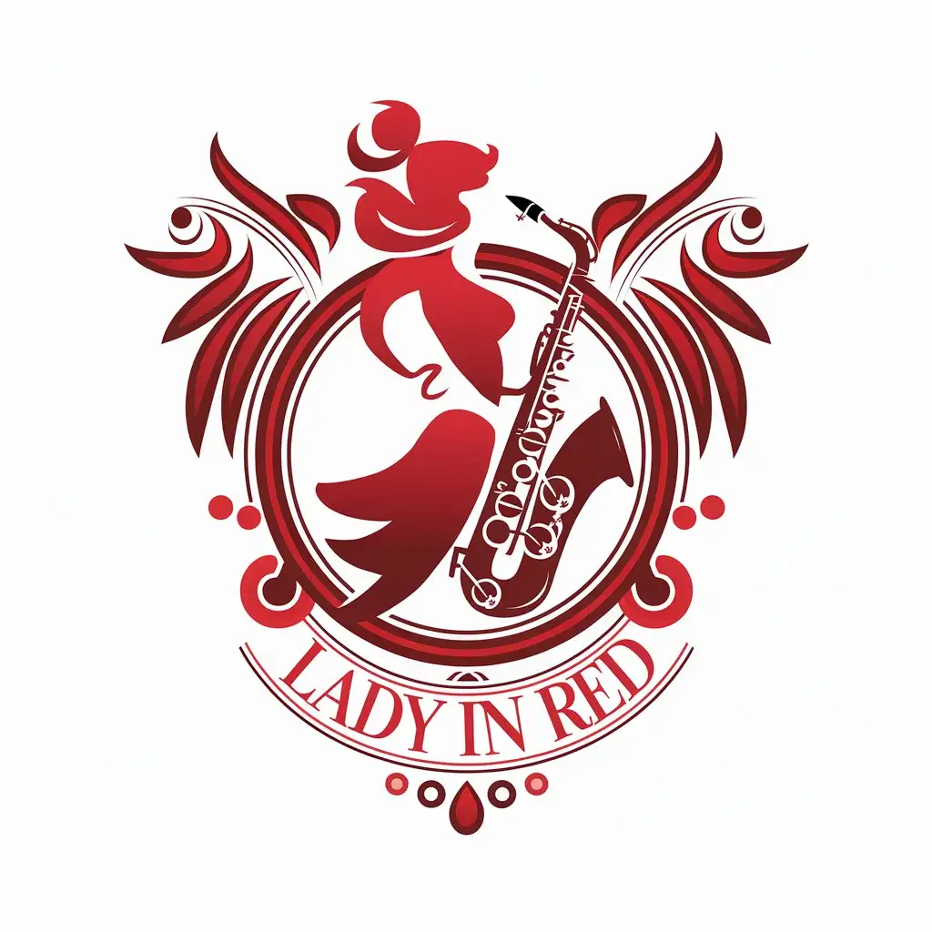 LOGO-Design-for-Lady-In-Red-Elegant-Vector-Art-with-Girl-in-Red-and-Saxophone