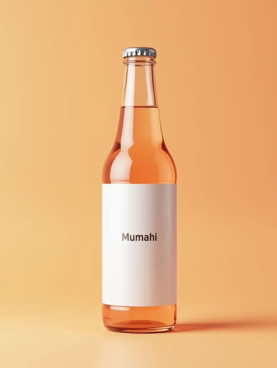 A beverage glass bottle mockup can be used to display package designs for soft drinks, juice, water, or carbonated drinks. Add the bottle design via the smart layers then edit the color of the cap, bottle, and background. Shadow intensity and light intensity can be controlled over the scene. no graphic on label bottle, white paper label with text 'Mumbai'