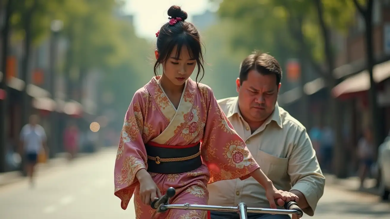 skinny girl wearing a kimono pulling a rickshaw. a fat american man is in the passenger seat. She is sweating and struggling