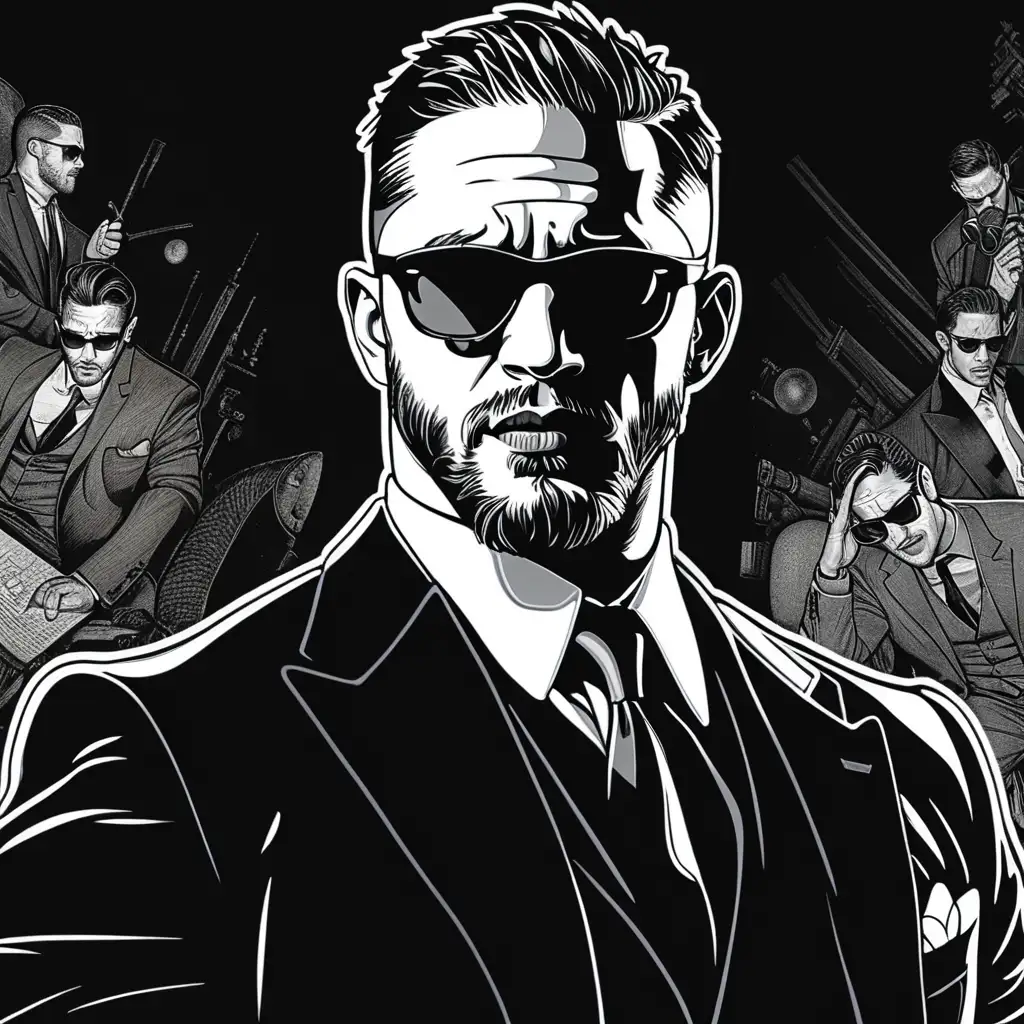 Tom Hardy in a Stylish Black Suit with Sunglasses in a Dark Comic Style Setting