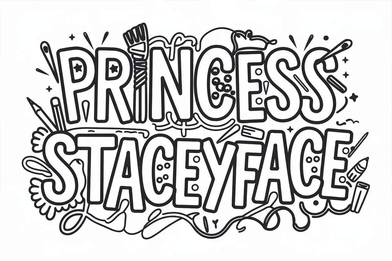 A black and white line drawing of the name 'Princess Staceyface' written in a Whimsical font. The letters are decorated with playful elements such as craft items, needles,  and pencils. The overall composition has a lively and energetic feel.