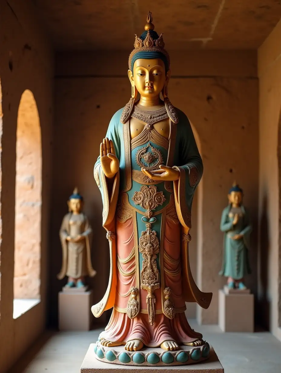 Buddhist-Statue-in-Dunhuang-Mogao-Caves-with-Vibrant-Colors-and-Intricate-Details