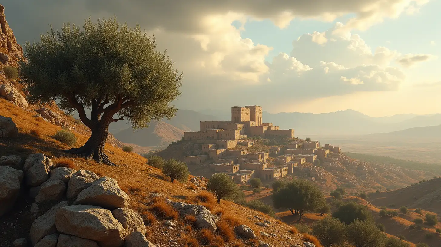 Olive Tree on Mountain Overlooking Ruined Biblical City