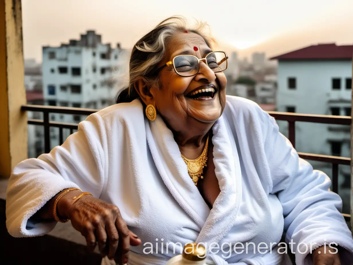 Elderly-Indian-Woman-Laughing-with-Gold-Jewelry-on-Terrace-at-Sunset