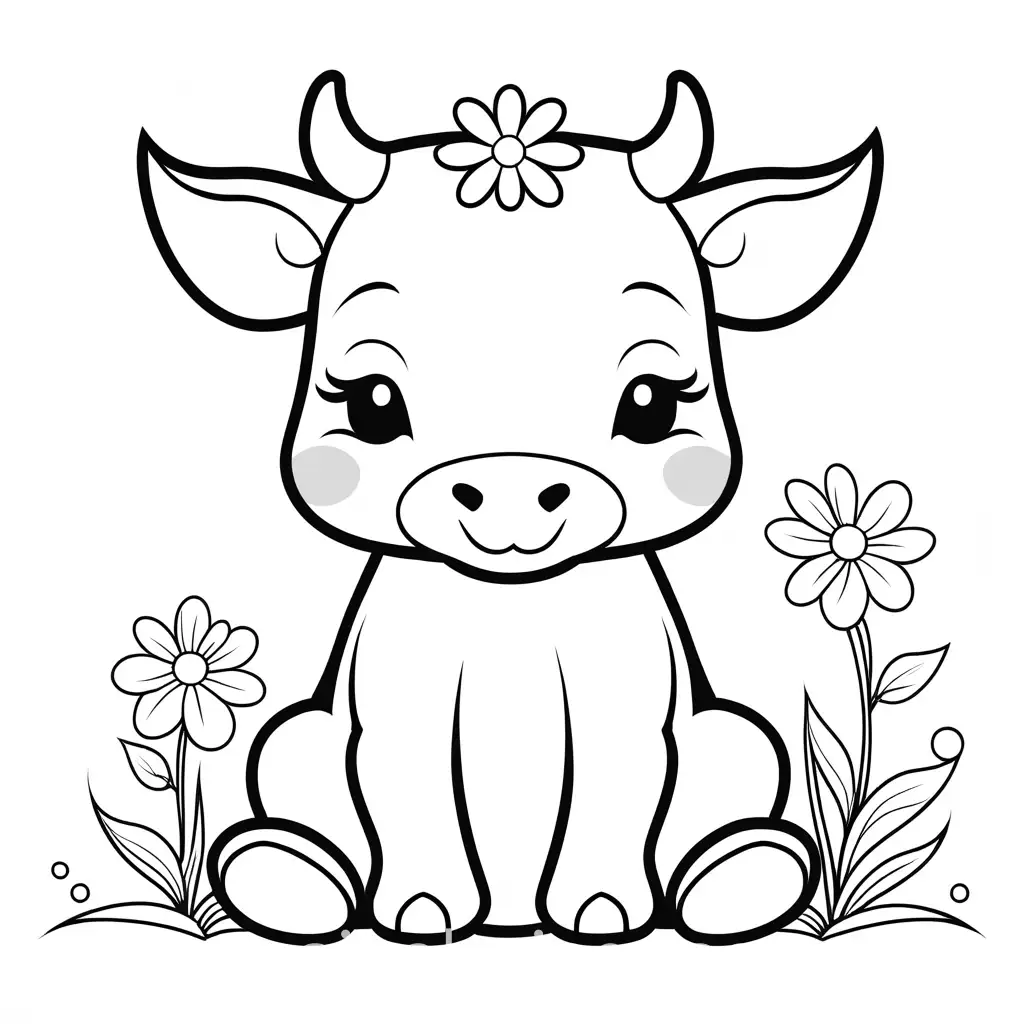 Baby-Girl-and-Cute-Cow-Coloring-Page-on-White-Background