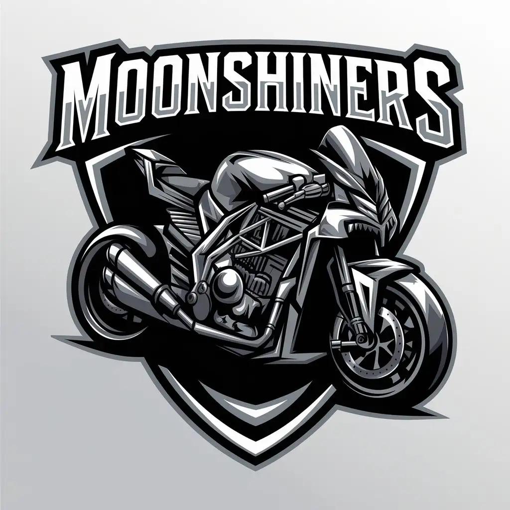 a vector logo design,with the text "MOONSHINERS", main symbol:MOTO,complex,be used in motor sport industry,clear background