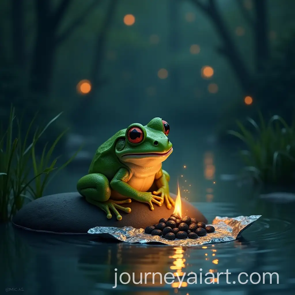 Frog-Sitting-on-Rock-by-Lake-Surrounded-by-Fireflies-Heating-Black-Rocks-on-Foil