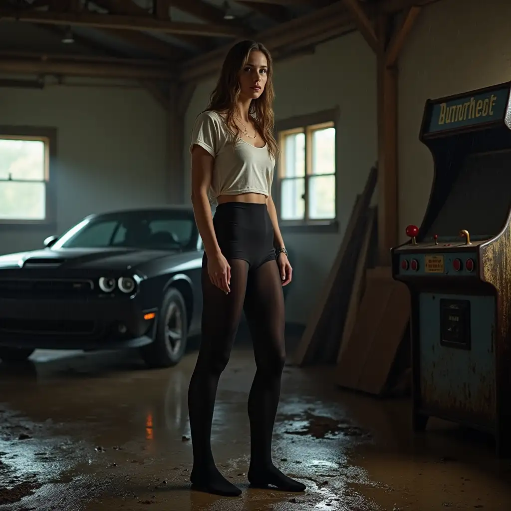 Young-Woman-in-Black-Pantyhose-and-White-TShirt-in-an-Old-Barn-During-Rainstorm