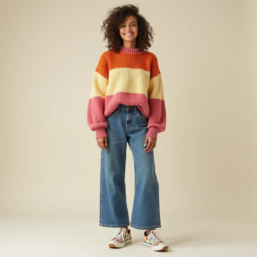 Stylish College Girl in Colorblock Oversized Sweater and WideLeg Jeans