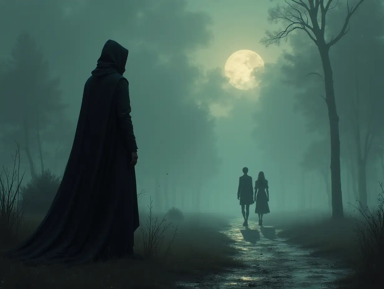 the dark lord (slender build, dressed in a black cloak without a hood) watches as a pair of 2 people leaves in the distance, sad and sorrowful, fantasy world, fantasy futuralism illustration style