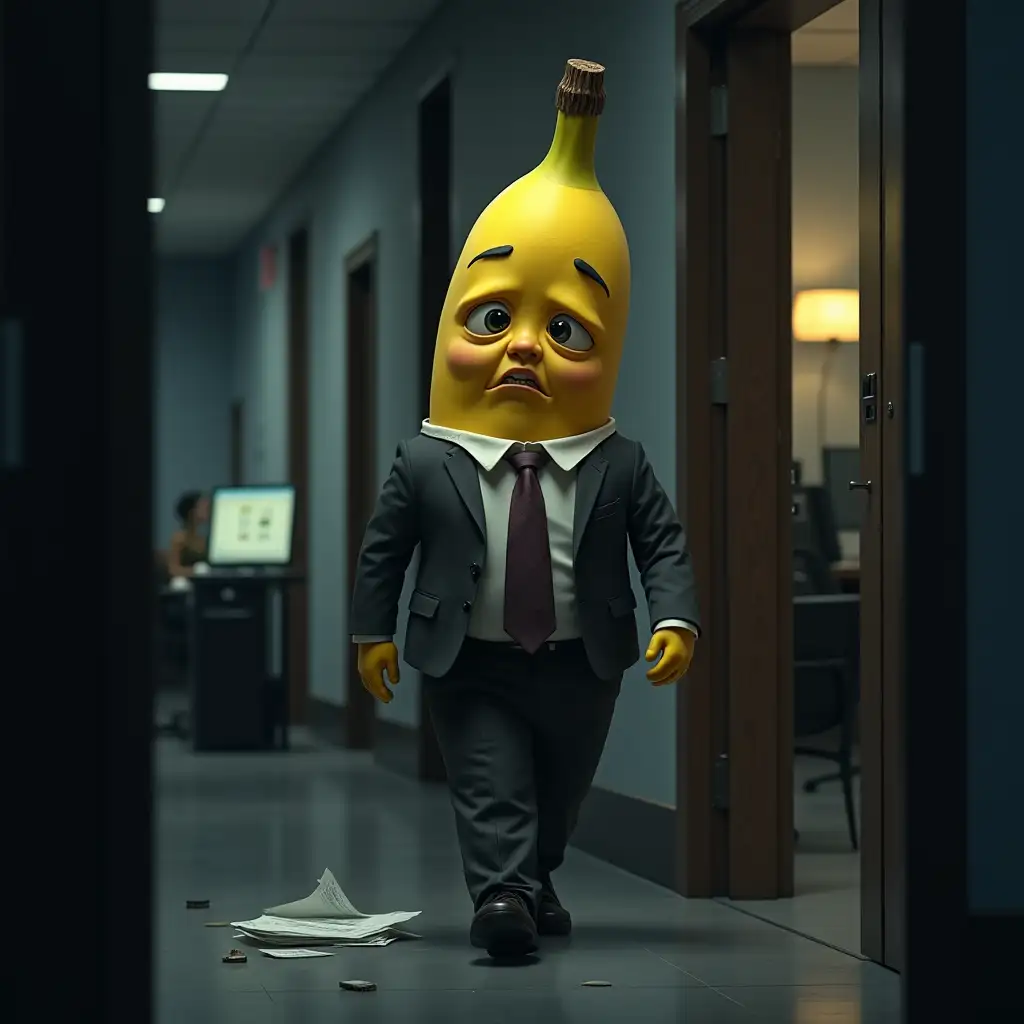 Detailed digital image of an anthropomorphic banana, dressed in a poorly fitting business suit and tie, leaving a modern office building. Very late on Friday evening, and the banana has a slightly depressed face and drooping shoulders, indicating tiredness. The scene should include dim office lighting, scattered papers, a single computer monitor and long shadows. The mood is slightly melancholic.