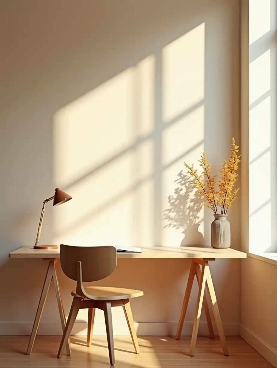 minimalist home office interior with warm sunlight filtering through, featuring a clean wooden desk