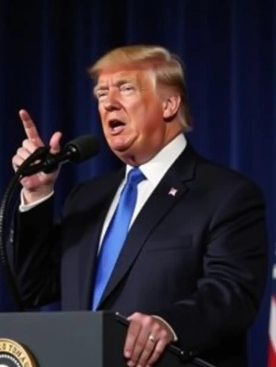 A photo image of US former president Donald Trump delivering a speech.