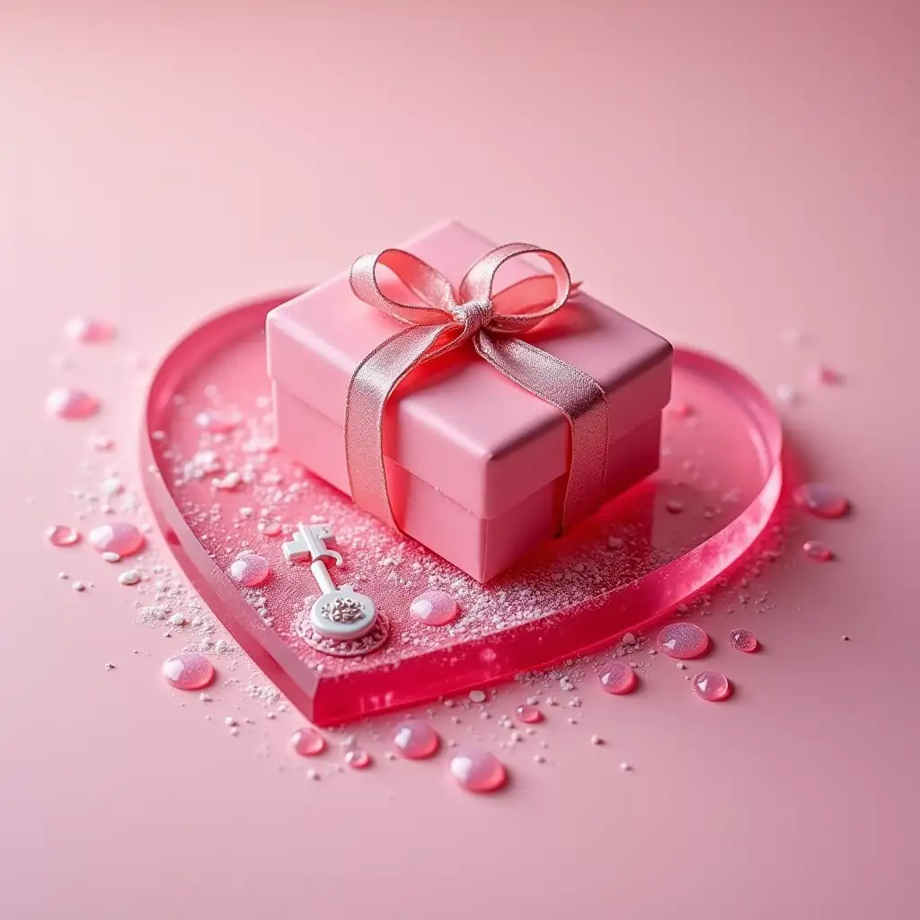 photo of a pink gift music key tied with a gift ribbon, a musical note in powdered sugar and drops of sweet syrup, the music key lies on the surface of a shiny pink crystal heart and delicious syrup