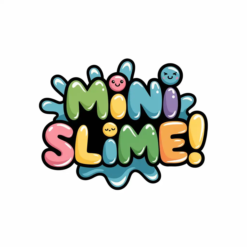 LOGO Design for MINI SLIME Adorable Colourful Kawaii Text with Slime Splat and White Background Theme