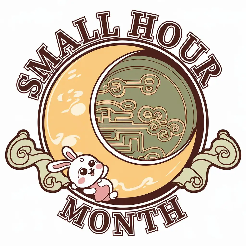 a vector logo design,with the text "small hour month", main symbol:Bright moon, jade plate, cloud pattern, cute rabbit, design the rabbit playing next to the jade plate or looking up at the bright moon. Wrap it in a circle to make it a class emblem, with an overall cute and lovely cartoon style,Moderate,be used in Education industry,clear background