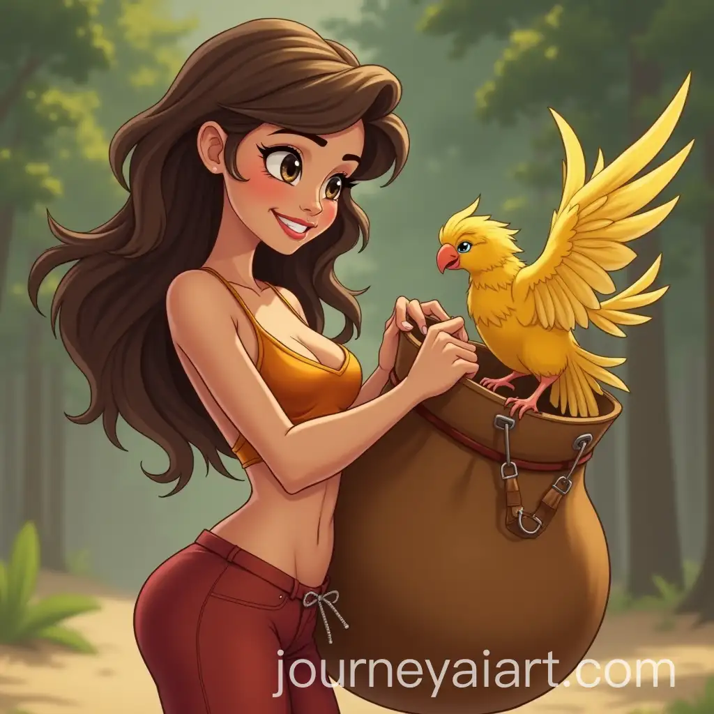 Charming-Woman-Grabbing-Bird-with-Gold-Feathers-in-Rawhide-Bag