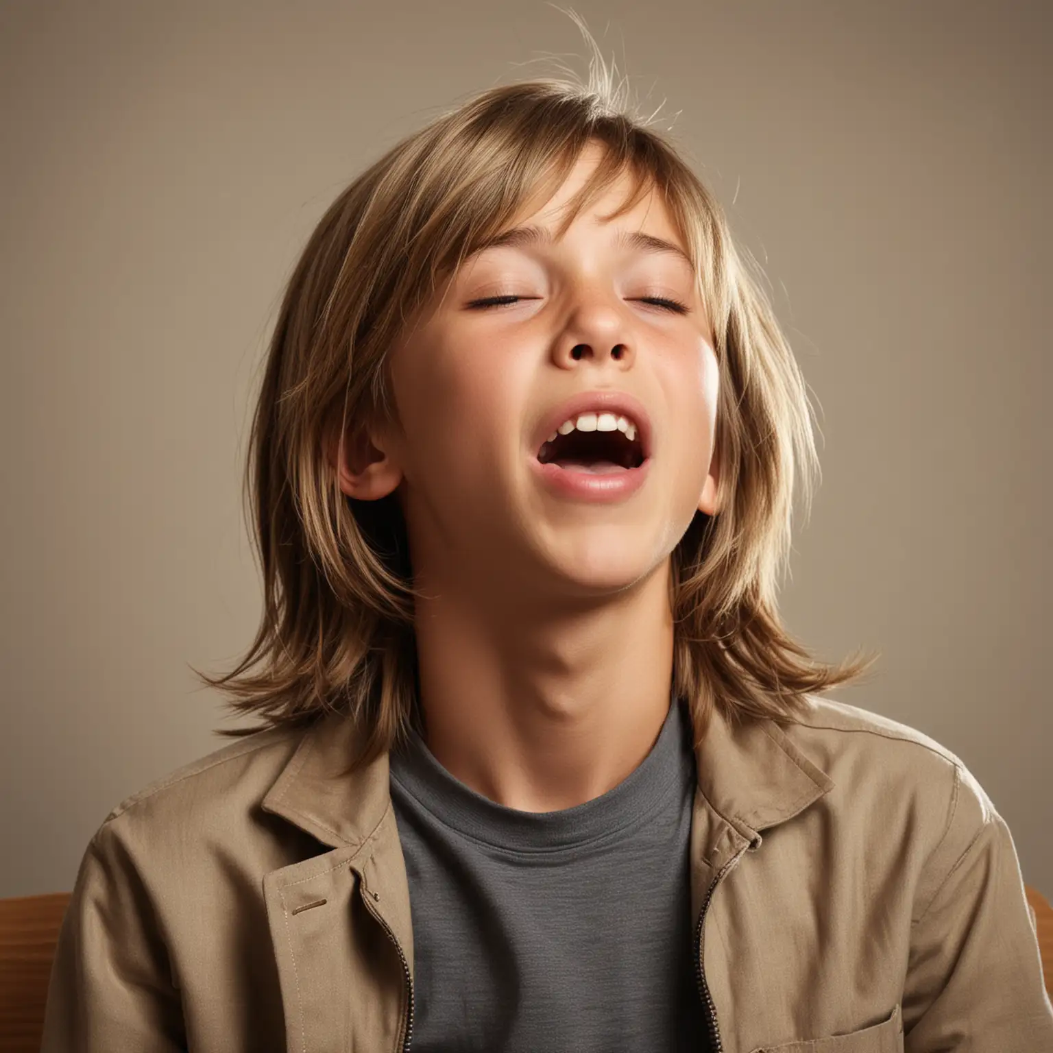 School Portrait of Yawning ThirteenYearOld Boy with Sunlight