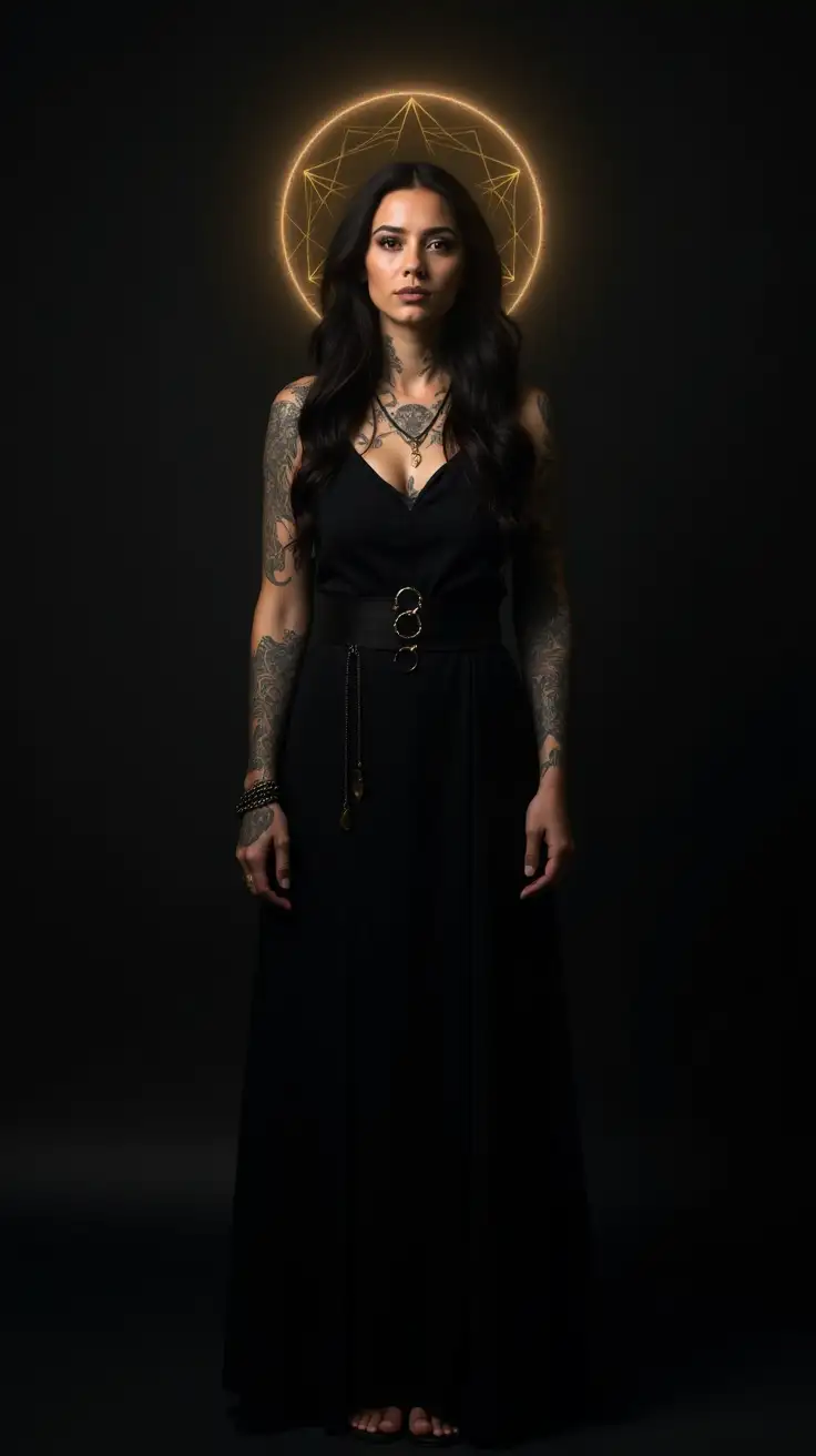 A powerful studio portrait of a tattooed female Druid, with facial tattoos, standing tall, dressed in high-fashion black clothing. The background is a dark, seamless matte black or deep charcoal gradient. Subtle soft lighting from above creates a halo-like glow around the figure, illuminating their face and hands while keeping the rest in gentle shadow. Their expression is calm, centred, and sovereign. Symbols of energetic protection—such as a faint circular aura, subtle gold geometric lines, or a shadowy crescent moon—are lightly integrated around them. The image should evoke mystery, presence, and grounded authority.