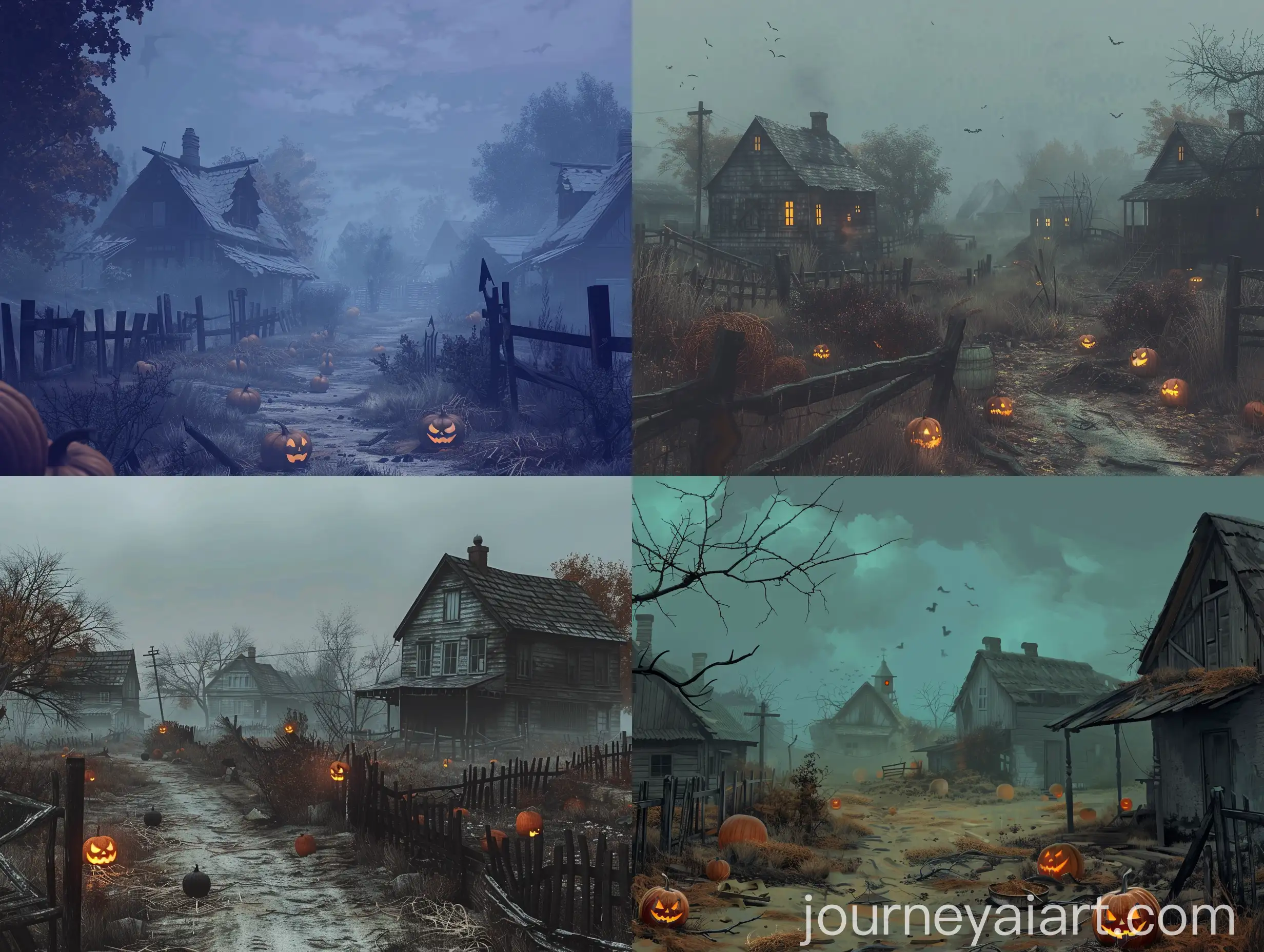 Ominous-Halloween-Village-Scene-with-Pumpkins-and-Mist