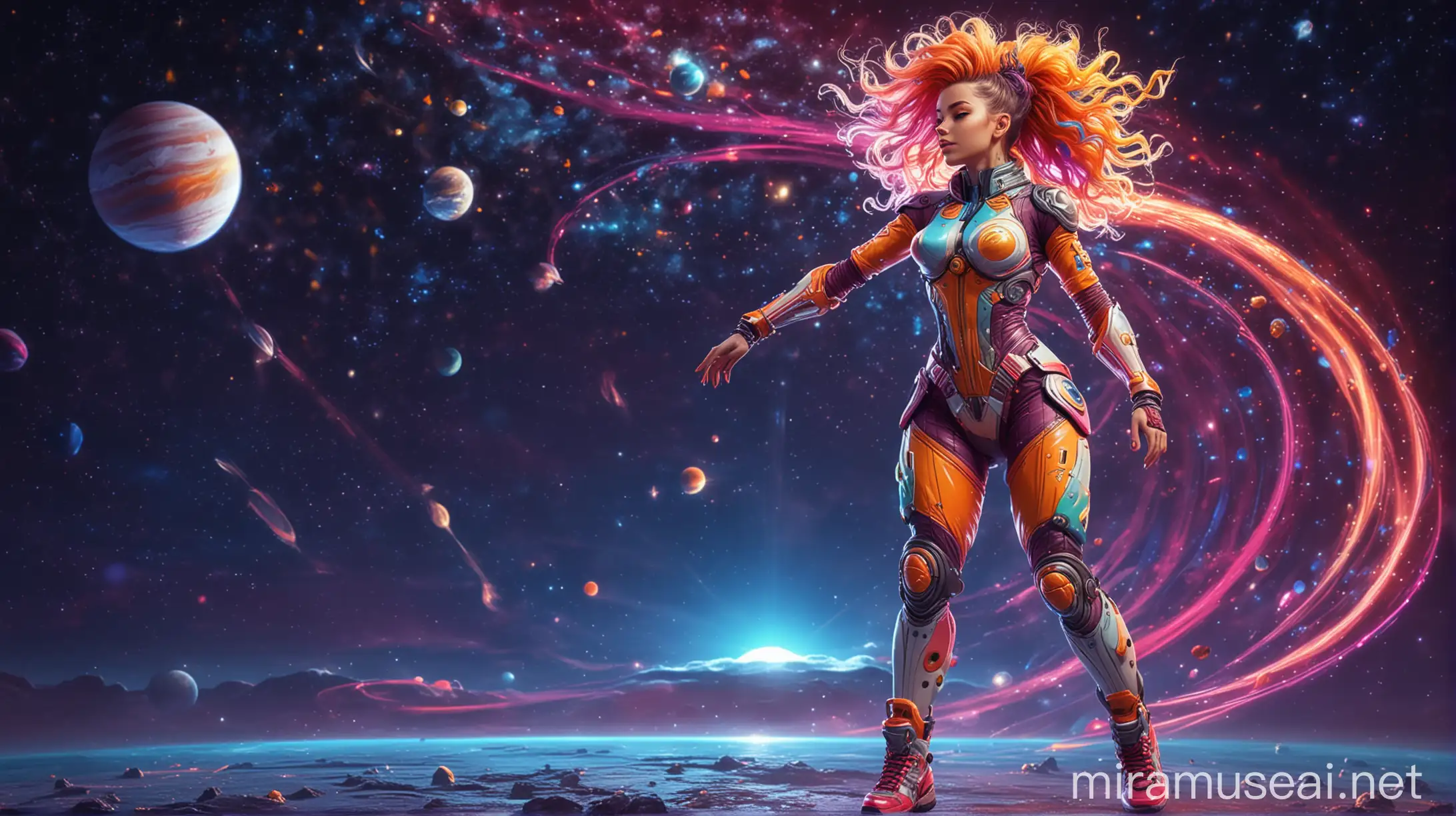 Fitness Dancer in Colorful Futuristic Spacesuit Under Starry Sky