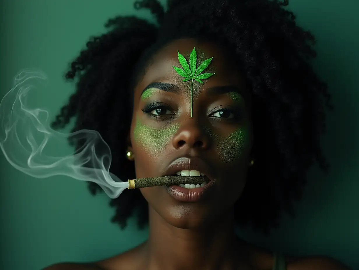 A wonderful mommy of black color. with a split in the teeth. (spliff light green), with eyes of demon, on forehead leaf of Cannabis, from nose smoke, background Milky Way