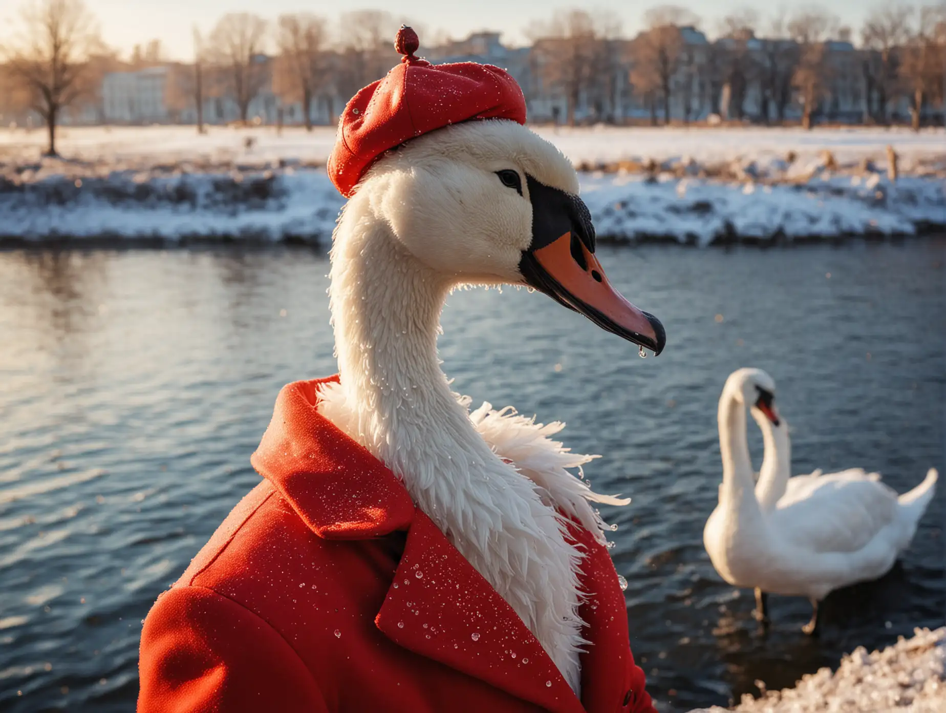 Anthropomorphic-Swan-in-Red-Coat-with-Hat-by-Neva-River-in-St-Petersburg